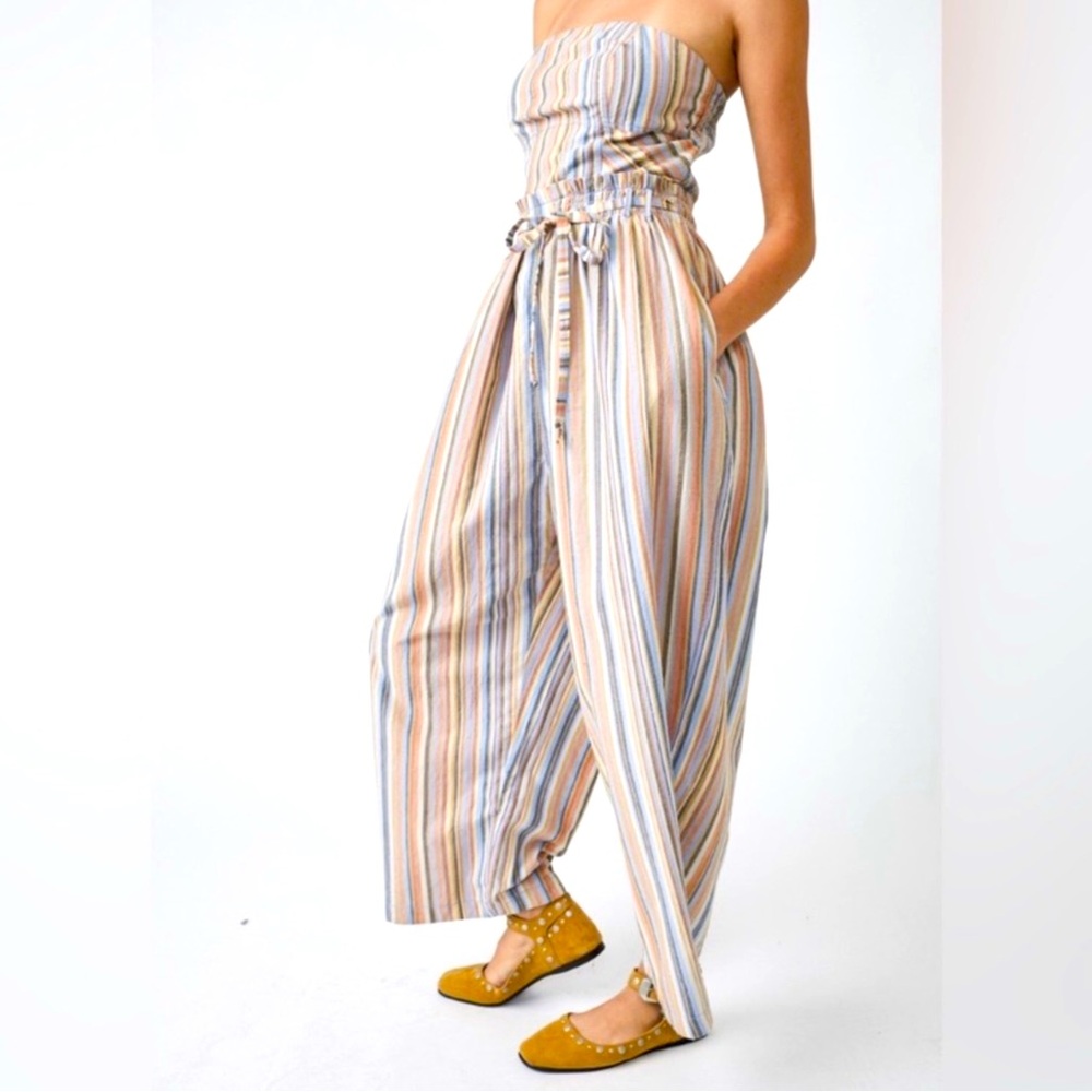 Free People Roaming Shores One-Piece Strapless Cotton Stripe Beachy Women’s Sz L